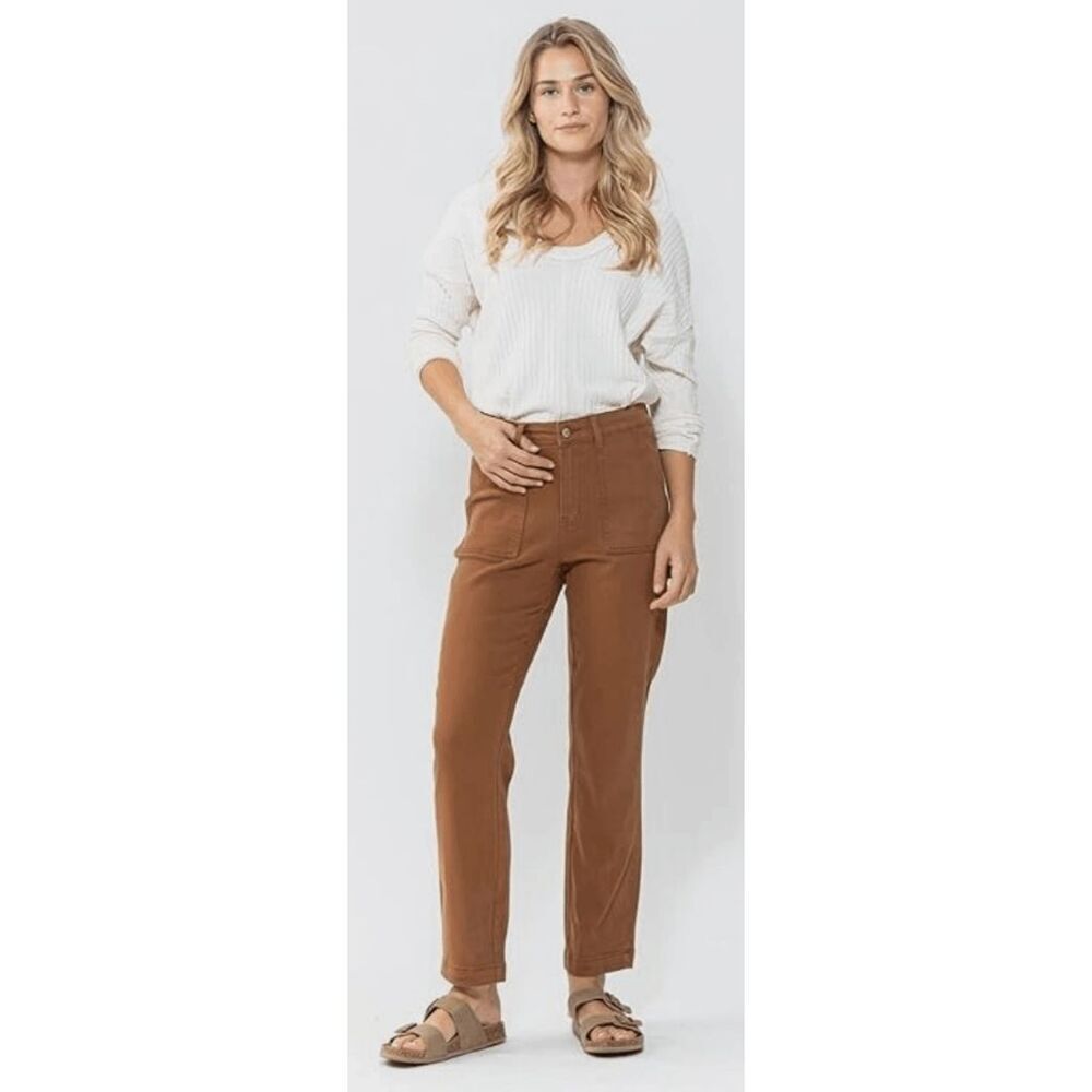 Judy Blue NWT Brown Utility Slim Fit Jeans High Waist Style 88462 Cuffed 27.5” S - Picture 1 of 6